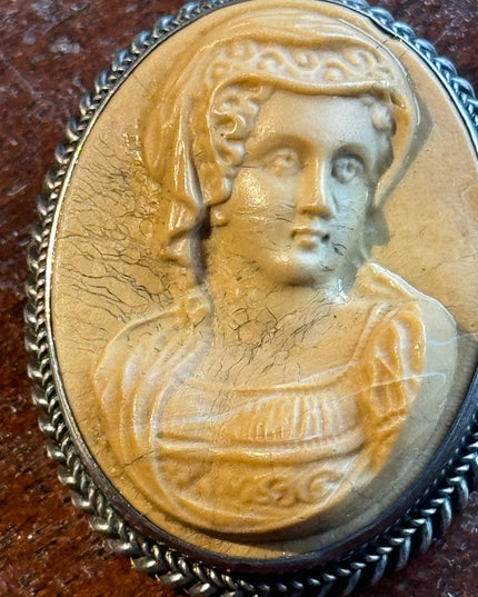 Antique silver Italy hand carved high relief Volcanic lava cameo lovely lady