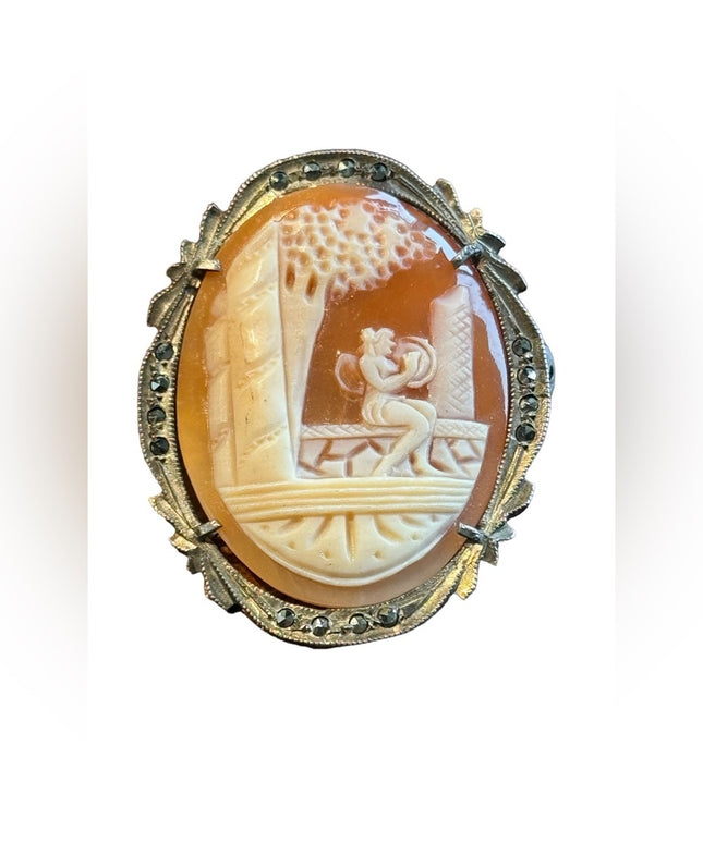 Vintage sterling silver carved shell cameo marcasite pendant