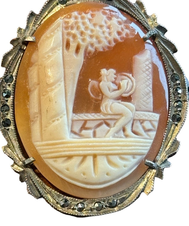 Vintage sterling silver carved shell cameo marcasite pendant
