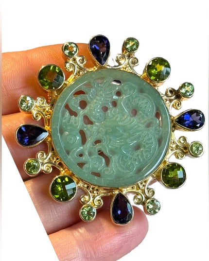 Stunning RARE Sajen 8k yellow Gold/325 Jadite peridot amethyst dragon pendant