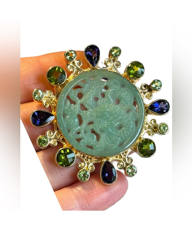 Stunning RARE Sajen 8k yellow Gold/325 Jadite peridot amethyst dragon pendant