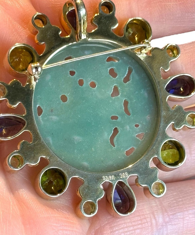 Stunning RARE Sajen 8k yellow Gold/325 Jadite peridot amethyst dragon pendant