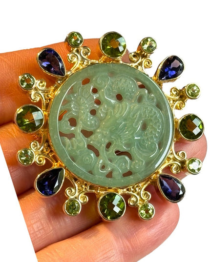 Stunning RARE Sajen 8k yellow Gold/325 Jadite peridot amethyst dragon pendant