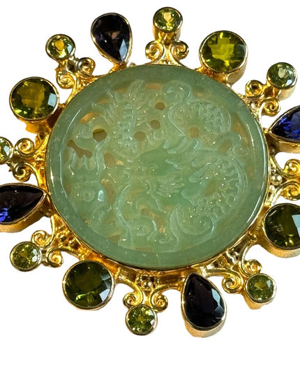 Stunning RARE Sajen 8k yellow Gold/325 Jadite peridot amethyst dragon pendant