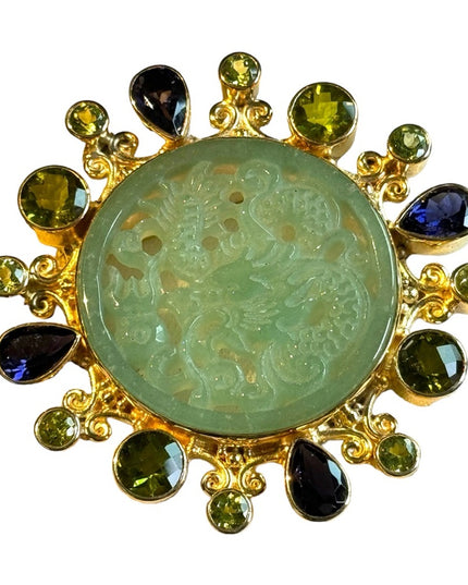 Stunning RARE Sajen 8k yellow Gold/325 Jadite peridot amethyst dragon pendant