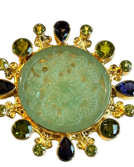 Stunning RARE Sajen 8k yellow Gold/325 Jadite peridot amethyst dragon pendant