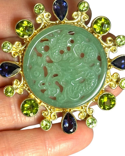 Stunning RARE Sajen 8k yellow Gold/325 Jadite peridot amethyst dragon pendant