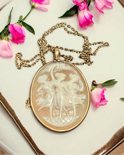 Vintage carved shell cameo pendant “Three Graces” Gold plt with chain