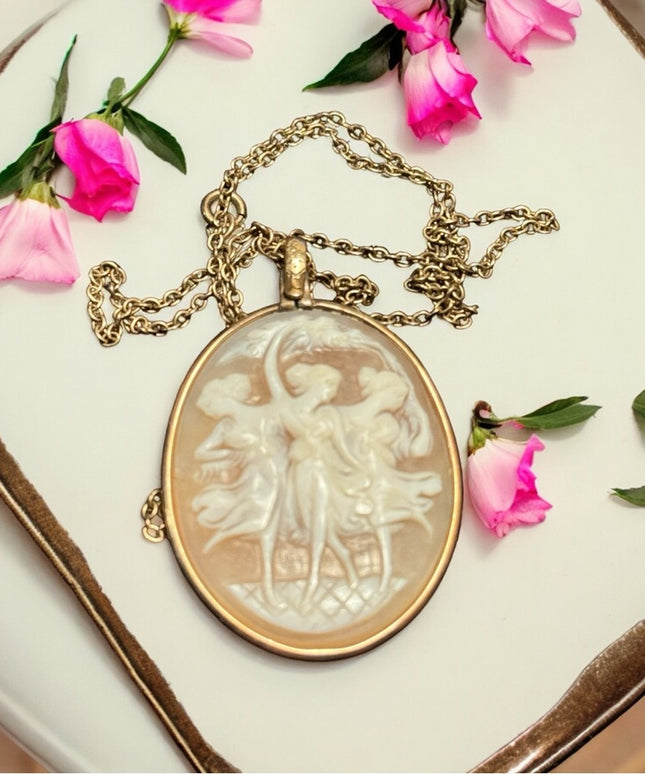 Vintage carved shell cameo pendant “Three Graces” Gold plt with chain
