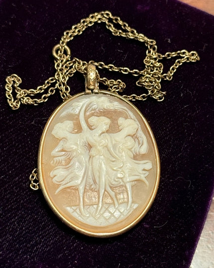 Vintage carved shell cameo pendant “Three Graces” Gold plt with chain