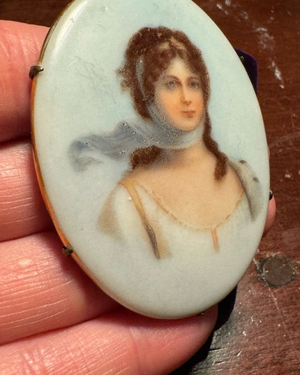 Vintage Large Ceramic painted brooch 64x50mm gold finish