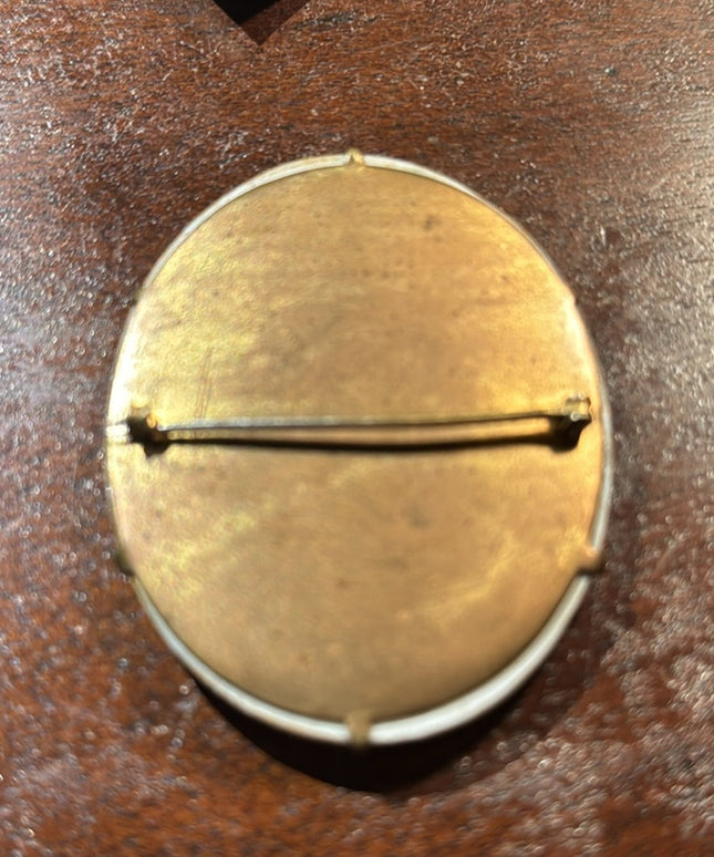 Vintage Large Ceramic painted brooch 64x50mm gold finish