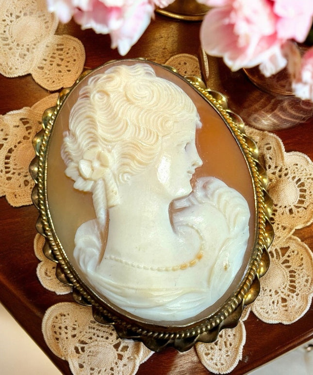 Large vintage carved shell cameo brooch pendant 51x40mm Gold filled