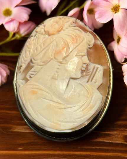 Lovely large vintage carved shell cameo gold filled pendant brooch 800 silver