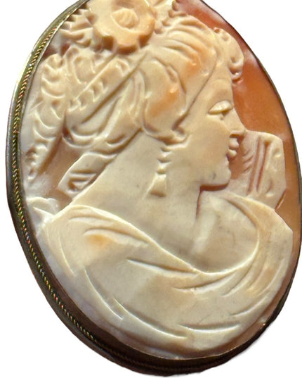 Lovely large vintage carved shell cameo gold filled pendant brooch 800 silver