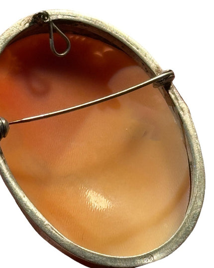 Lovely large vintage carved shell cameo gold filled pendant brooch 800 silver