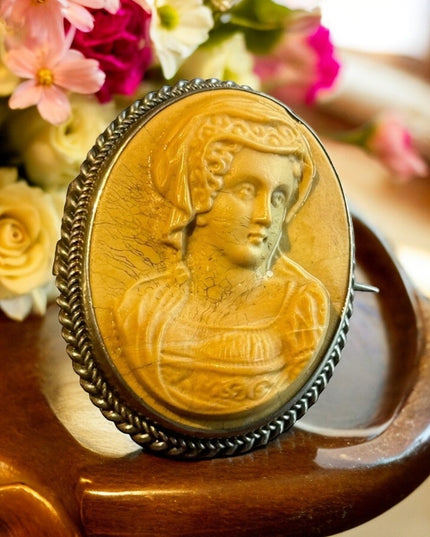 Antique silver Italy hand carved high relief Volcanic lava cameo lovely lady