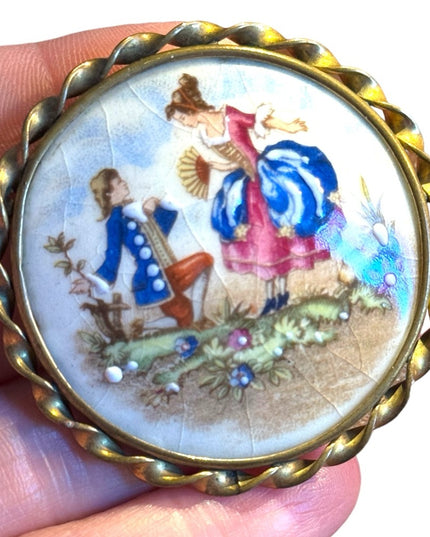 Antique hand painted ceramic SISCA France courting cameo scene brooch