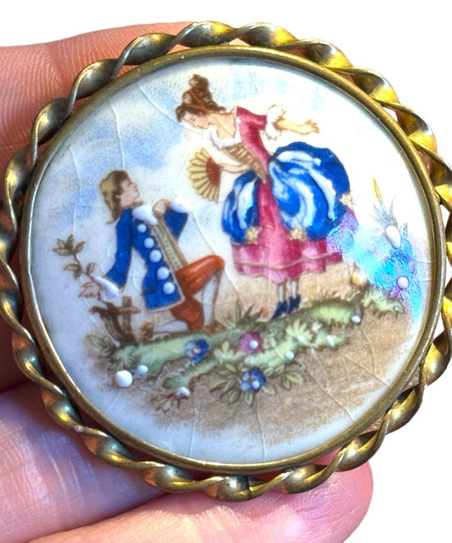 Antique hand painted ceramic SISCA France courting cameo scene brooch