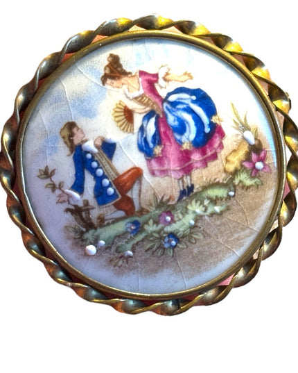 Antique hand painted ceramic SISCA France courting cameo scene brooch