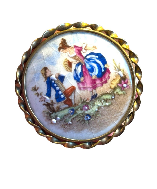 Antique hand painted ceramic SISCA France courting cameo scene brooch