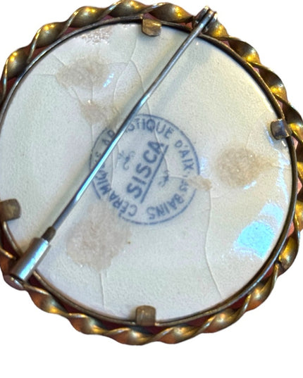 Antique hand painted ceramic SISCA France courting cameo scene brooch