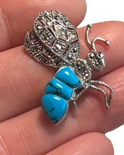 Little sterling silver insect pendant marcasite simulated turquoise