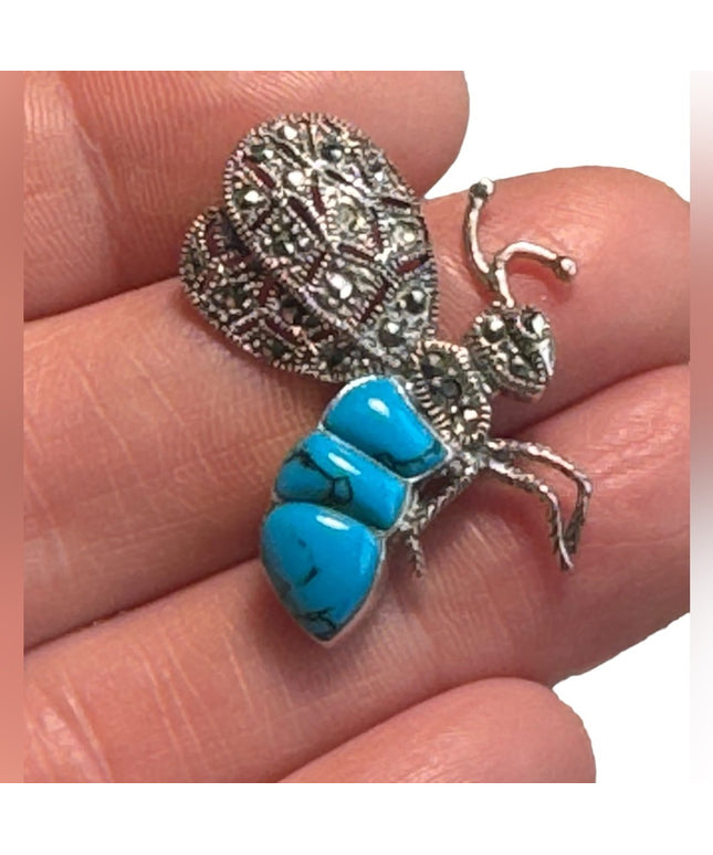Little sterling silver insect pendant marcasite simulated turquoise