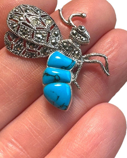 Little sterling silver insect pendant marcasite simulated turquoise