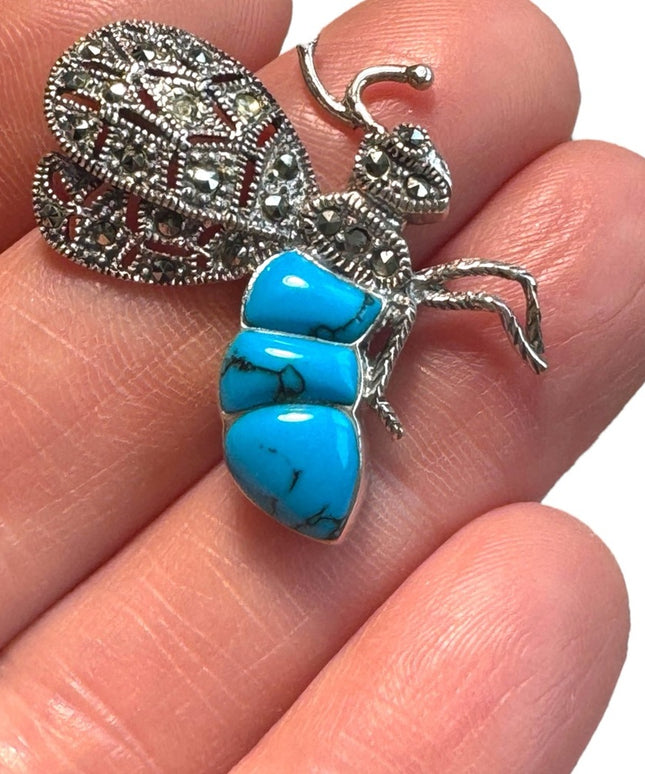 Little sterling silver insect pendant marcasite simulated turquoise