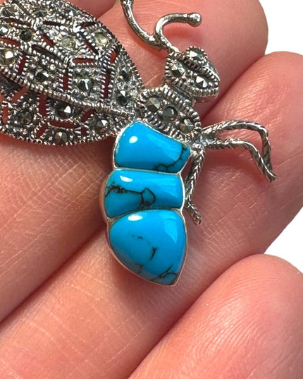 Little sterling silver insect pendant marcasite simulated turquoise