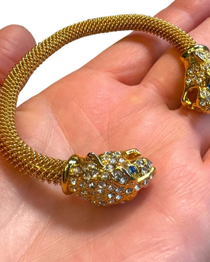 Gold Plated Vintage Rhinestone Panther cuff  Bracelet appx 3”