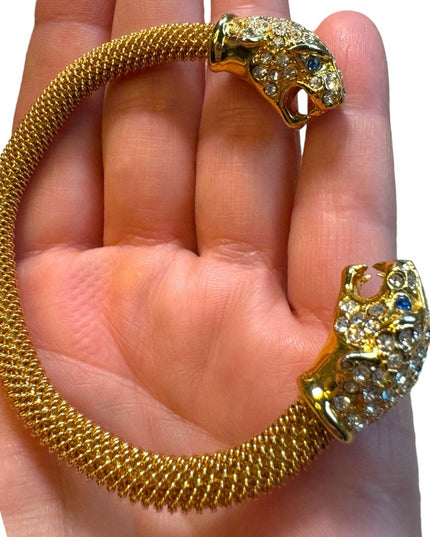 Gold Plated Vintage Rhinestone Panther cuff  Bracelet appx 3”