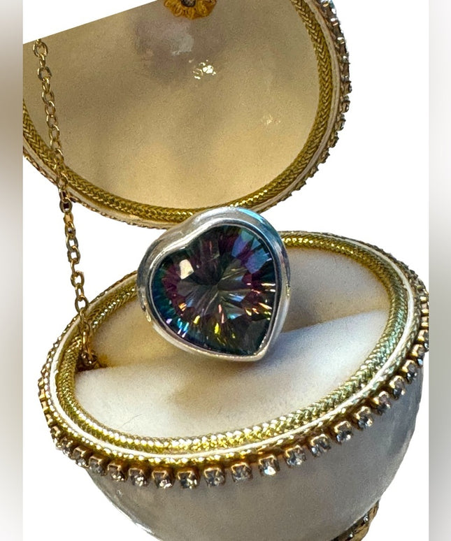 Sterling Silver 925 Authentic Mystic Topaz Stone Heart Ring Size 7