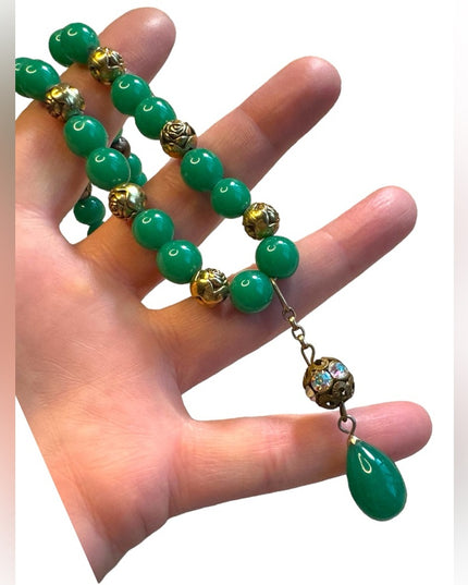 Vintage Green Glass bead necklace with gold plate rose beads