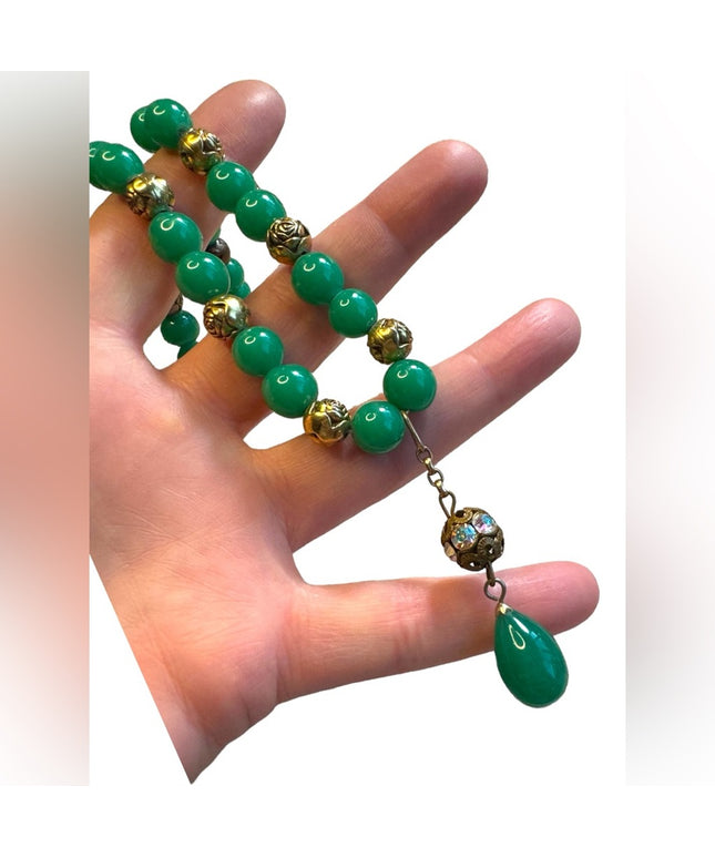 Vintage Green Glass bead necklace with gold plate rose beads