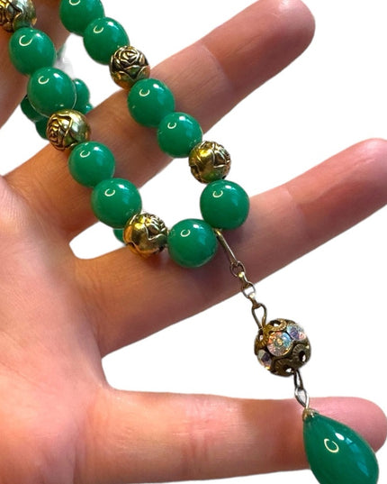 Vintage Green Glass bead necklace with gold plate rose beads