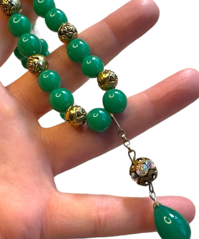 Vintage Green Glass bead necklace with gold plate rose beads