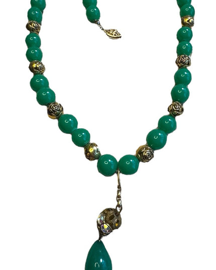 Vintage Green Glass bead necklace with gold plate rose beads