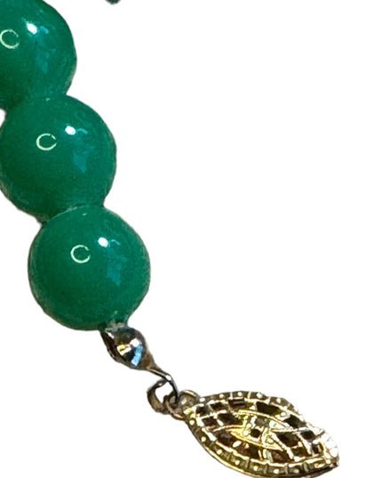 Vintage Green Glass bead necklace with gold plate rose beads
