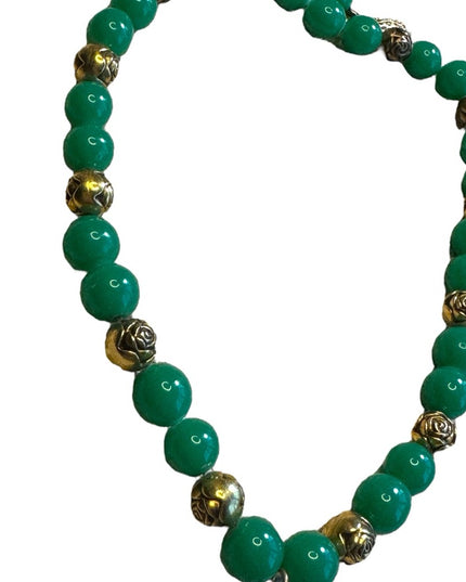 Vintage Green Glass bead necklace with gold plate rose beads
