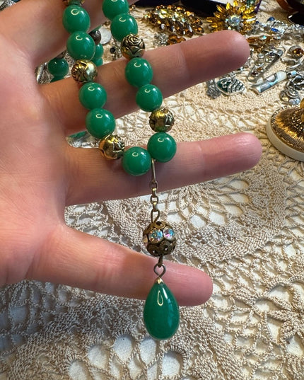 Vintage Green Glass bead necklace with gold plate rose beads
