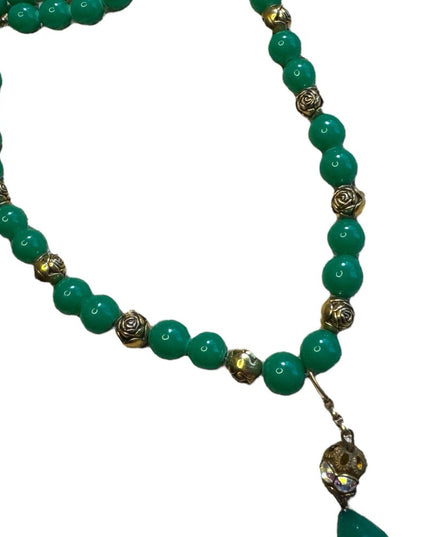 Vintage Green Glass bead necklace with gold plate rose beads