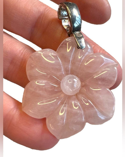Lovely Rose Quartz Sterling Silver Large FLOWER  Pendant