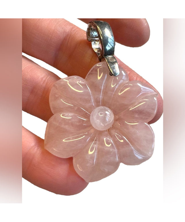 Lovely Rose Quartz Sterling Silver Large FLOWER  Pendant