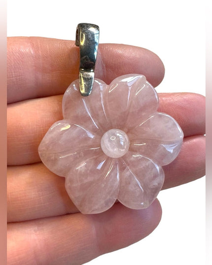 Lovely Rose Quartz Sterling Silver Large FLOWER  Pendant