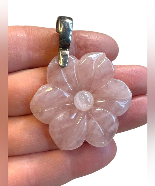 Lovely Rose Quartz Sterling Silver Large FLOWER  Pendant