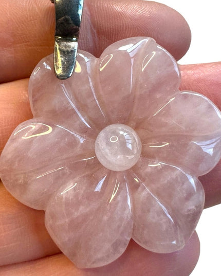 Lovely Rose Quartz Sterling Silver Large FLOWER  Pendant