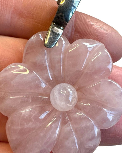 Lovely Rose Quartz Sterling Silver Large FLOWER  Pendant
