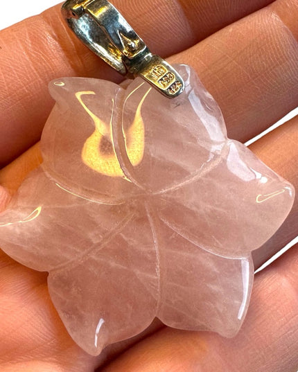 Lovely Rose Quartz Sterling Silver Large FLOWER  Pendant